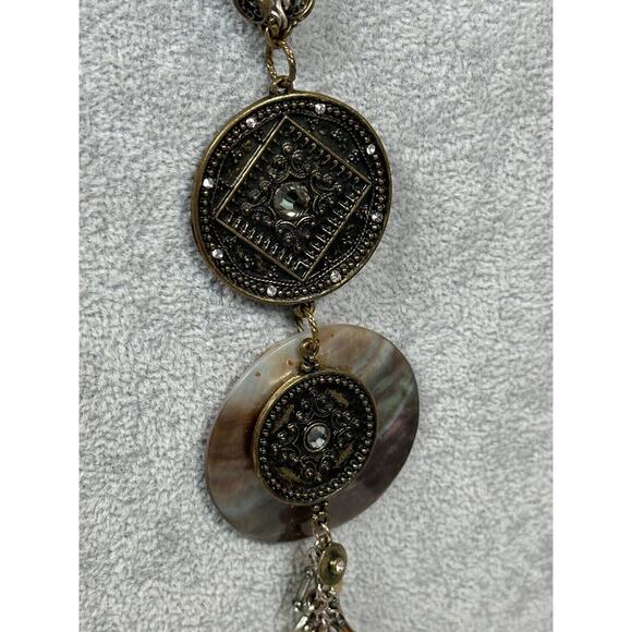 Chicos Necklace Pendant Y Drop Medallion Shell Layered Tassel Charm Bronze Tone - Picture 2 of 12